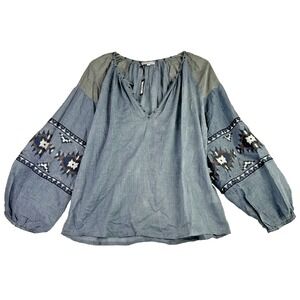 Crosstree Lane Blouse Large Blue Long Sleeve Chambray Embroidered Southwest NWT